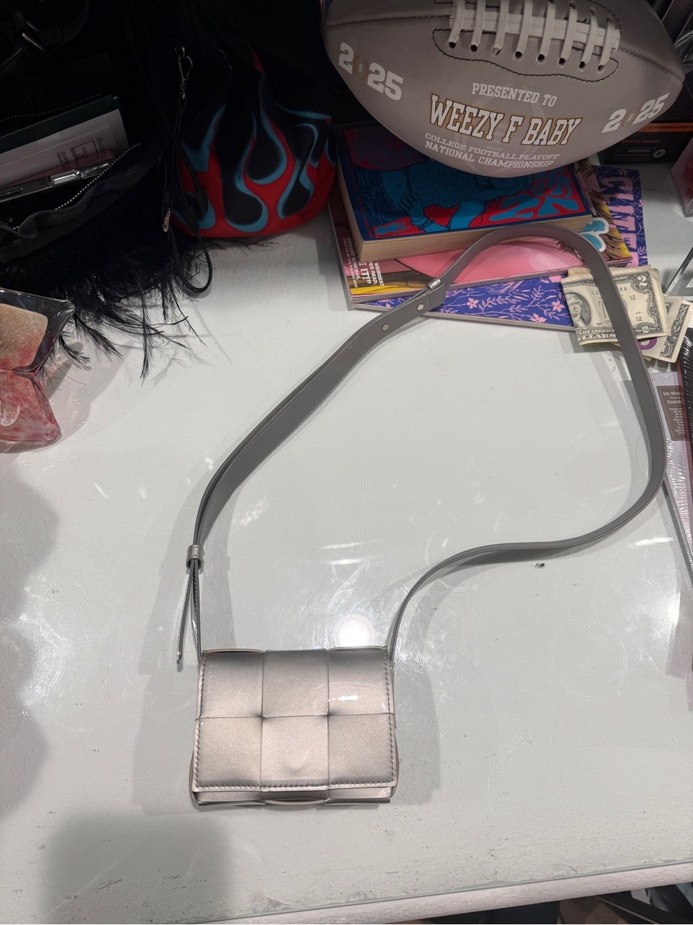 Bottega Venetia Cassette Silver Cross Body Bag